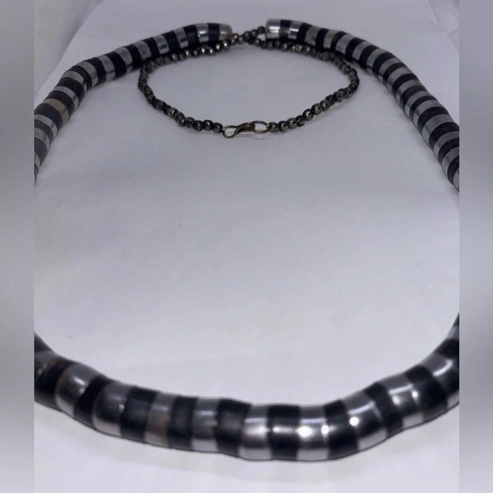 Metal Snake Beaded Necklace Articulated 39” Black & Gunmetal Silver Vintage Bold
